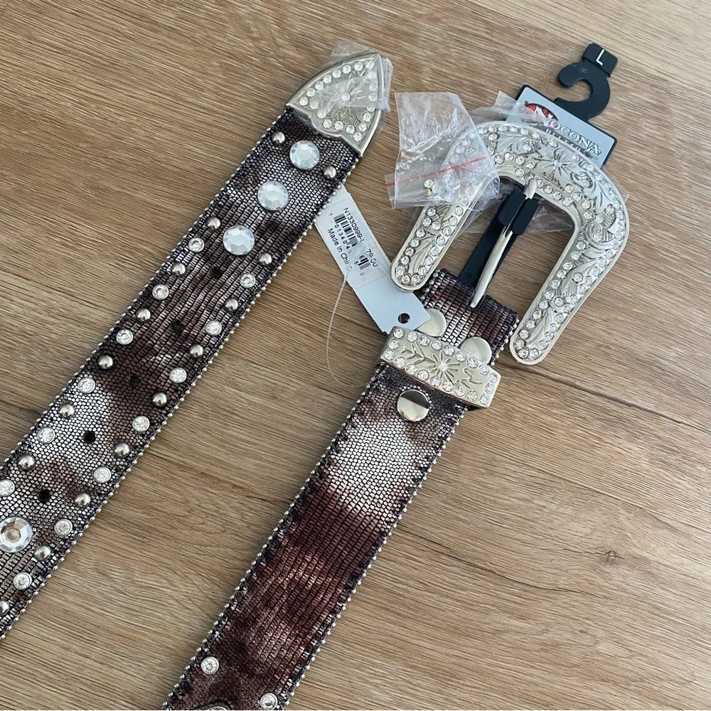 Nocona Belt Co Snake and Cross Rhinestone Leather Belt NEW